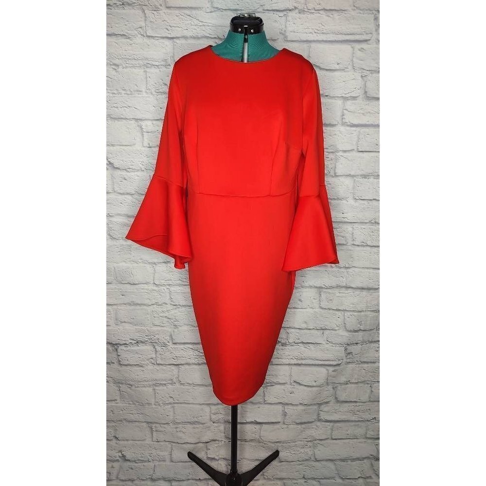 ELOQUII Womens Scuba Sheath Dress Red Stretch Jewel Neck Long Sleeve Flare 16 - Picture 2 of 9